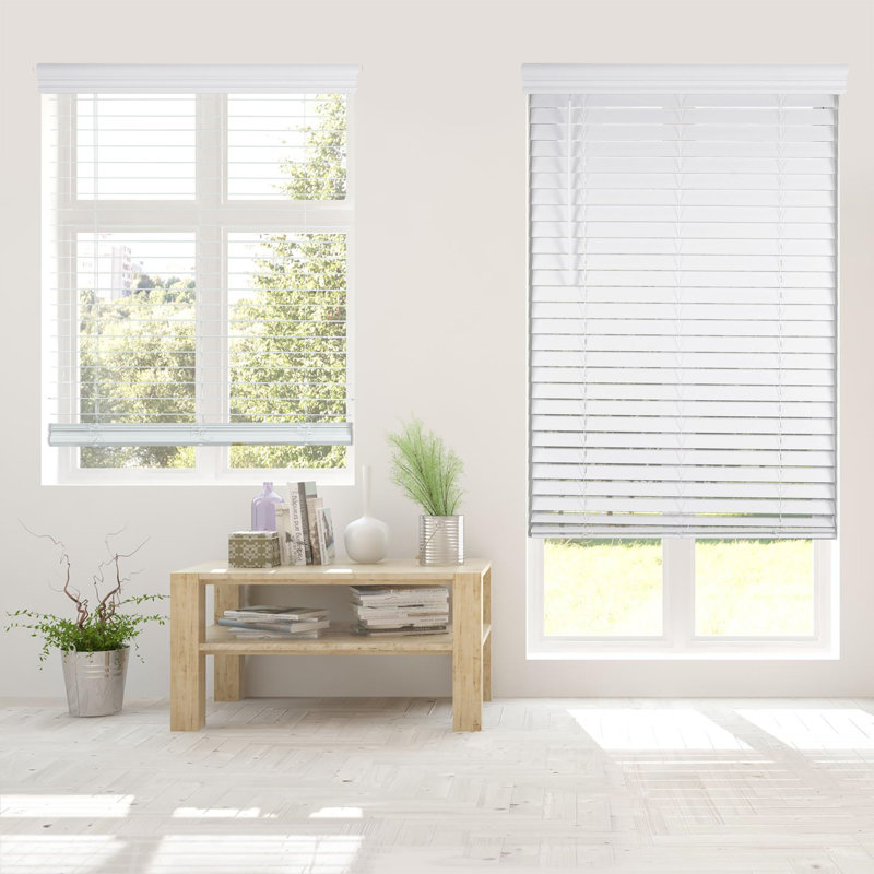 White Cordless Faux Wood Indoor Horizontal Blinds with Crown Valance