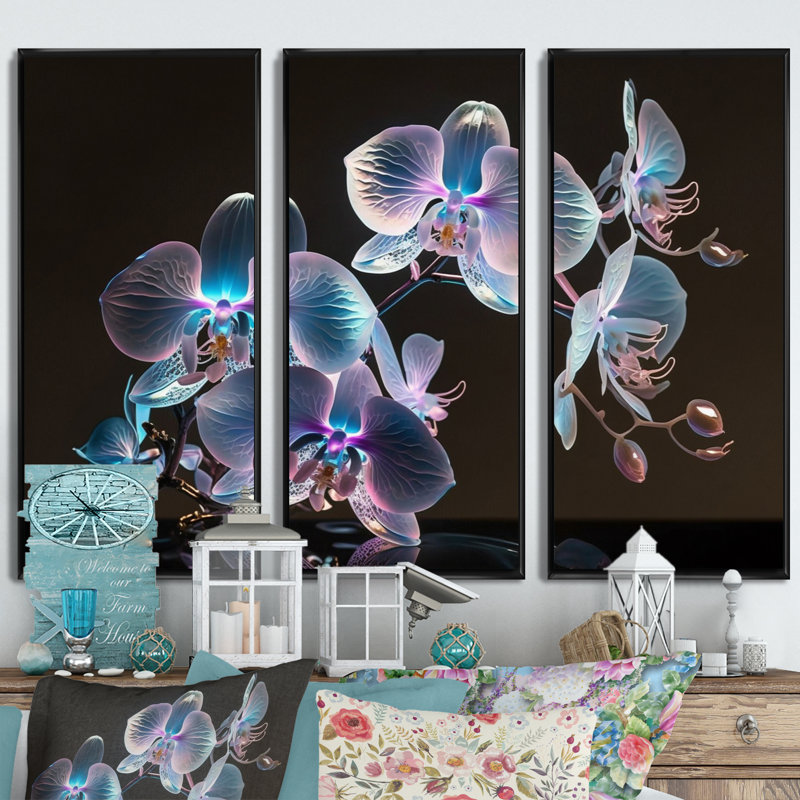 «Blooming Orchid in Fluorescent Mauve and Blue V», reproduction sur toile 3 pièces, Toile encadrée noire
