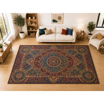 "Ultra Thin" Large 6'7 x 9'10 Vintage Persian Medallion Area Rug for Living Room, Bedroom, Dining Room, Soft Low Pile Indoor Carpet, Ornamental Floor Decor