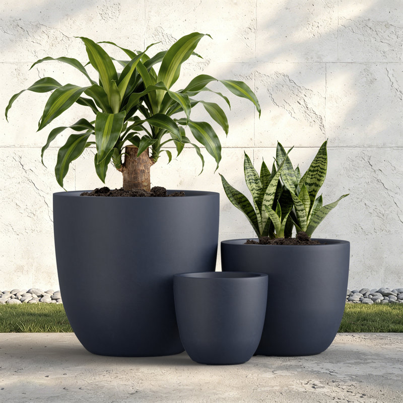 3-Piece Round Concrete Indoor/Outdoor Pot Planter Set, Granite, 17" H x 18" W x 18" D