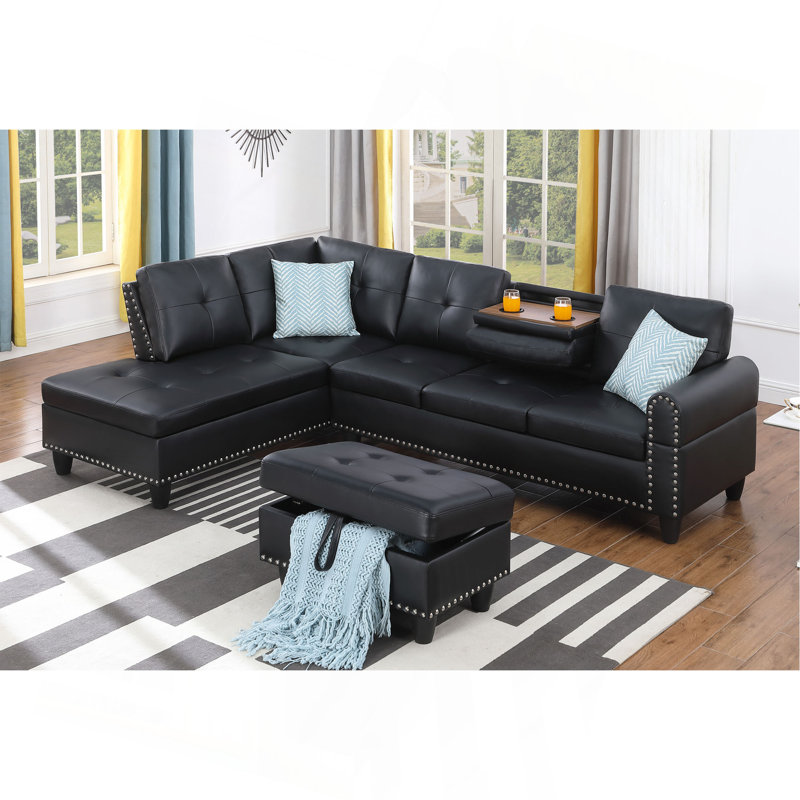 Canapé modulaire en faux cuir noir avec rangement et porte-gobelets