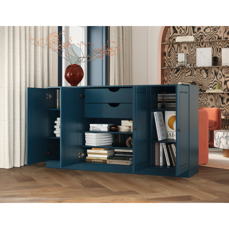 100% Solid Wood 65" Sideboard with Solid Doors, 2-Drawers and Adjustable Shelves, Teal Blue