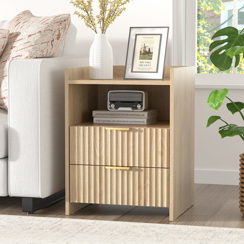 Modern Fluted Wood Nightstand With 2 Drawers And Open Shelf For Bedroom