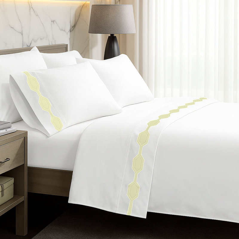 Hexagonal Applique Border Cotton Sheet Set, Ivory Border, Queen Sheet Set