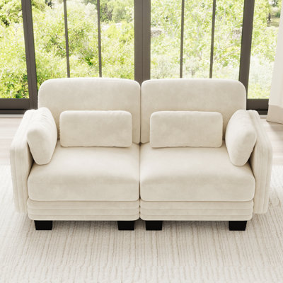 Canapé d'angle moderne capitonné, canapé 2 places en chenille beige, canapé compact
