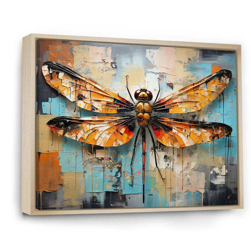 «Orange Dragonfly Insectes Flight Collage I», reproduction sur toile, Cadre naturel flottant, H 16 po x l 32 po x P 1 po