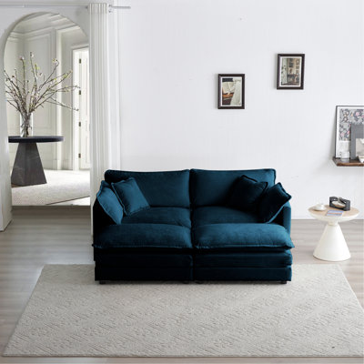 Canapé modulaire 4 en chenille bleu avec structure et 2 repose-pieds