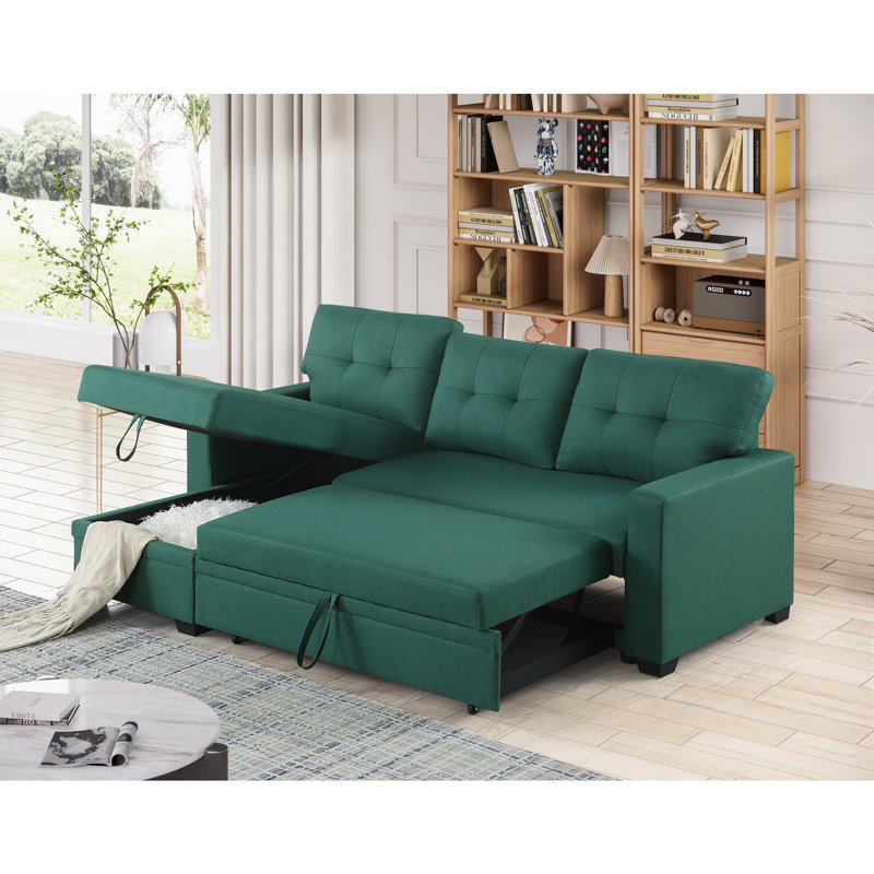 Upholstered Pull out Sectional Sofa with Chaise, Green