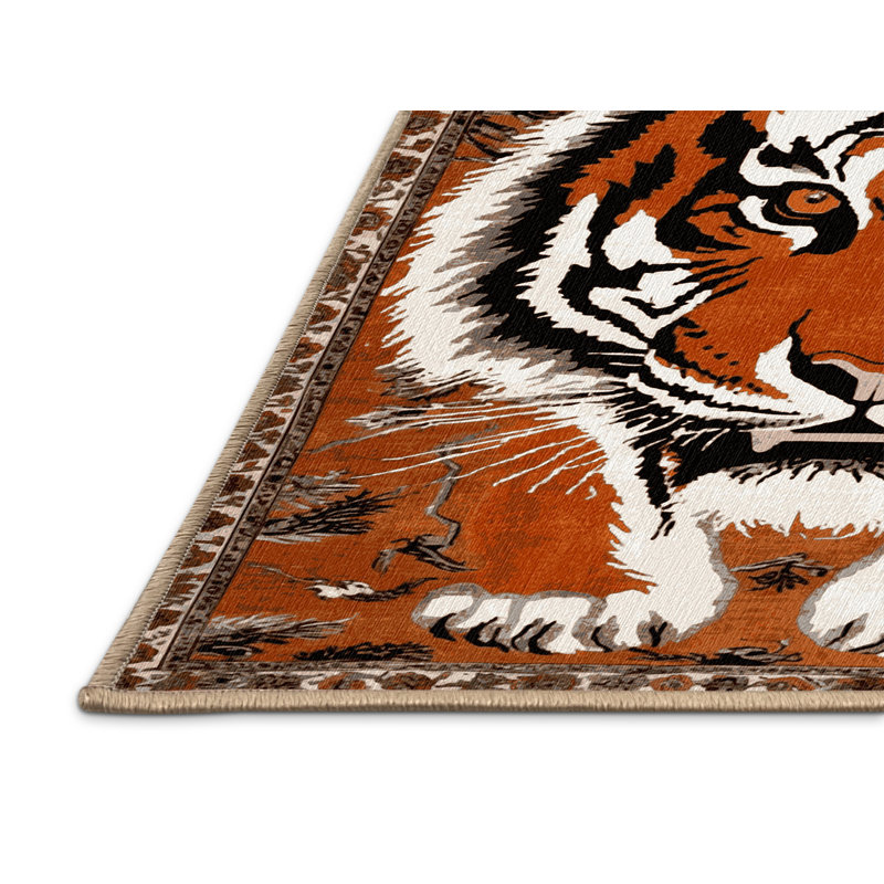 Washable Indochinese Tiger Big Cats Area Rug, Round 7'