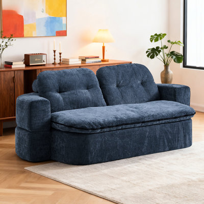 Dark Blue Convertible Foam-filled Floor With 2 Pillows, Corduroy Linen Fabric, No Assembly, Quick Unfold To Bed, Comfortable Cushions, Thoughtful Hidden Quilt, For Small Spaces Sleeper Modern Style,