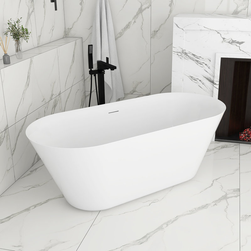 Baignoire de trempage autoportante en acrylique blanc brillant de 66 pouces