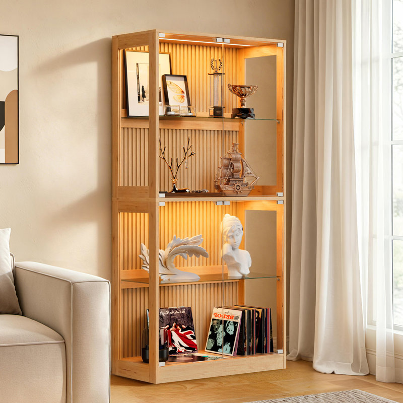  Vitrine 32 pouces à 4 niveaux avec tablettes réglables et finition à lattes grain de bois, H 70 po x l 31,5 po x P 16 po