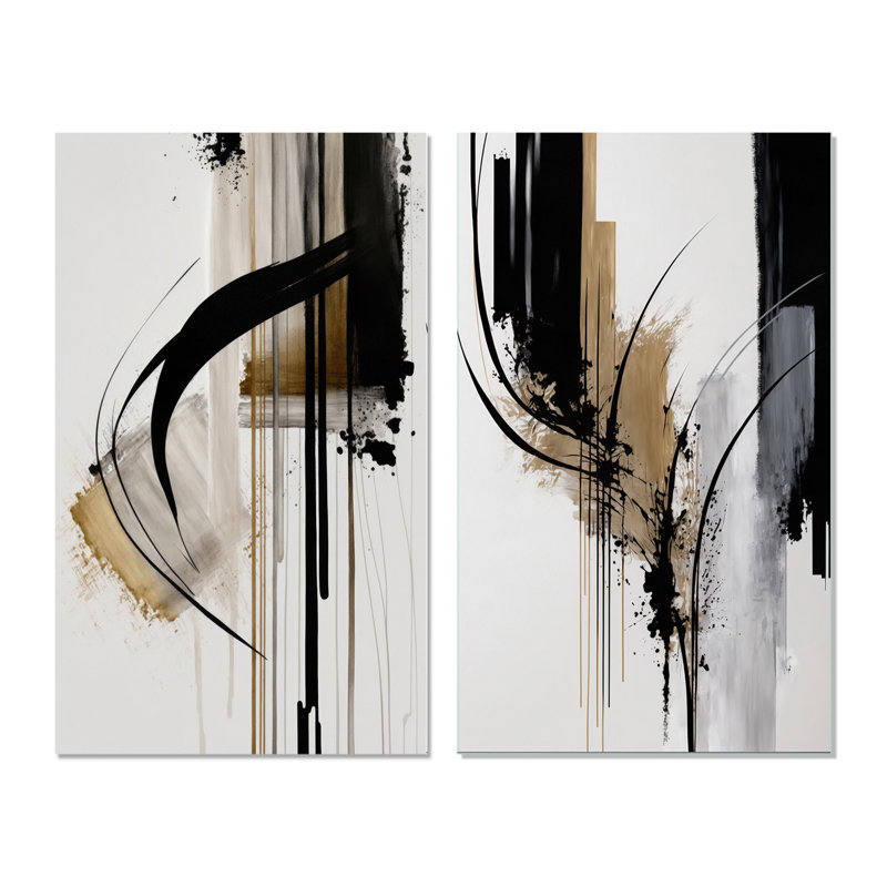 Noir, blanc et or Expression I - ensemble d'art mural abstrait de 2 pièces, Toile tendue, H 20 po x l 24 po