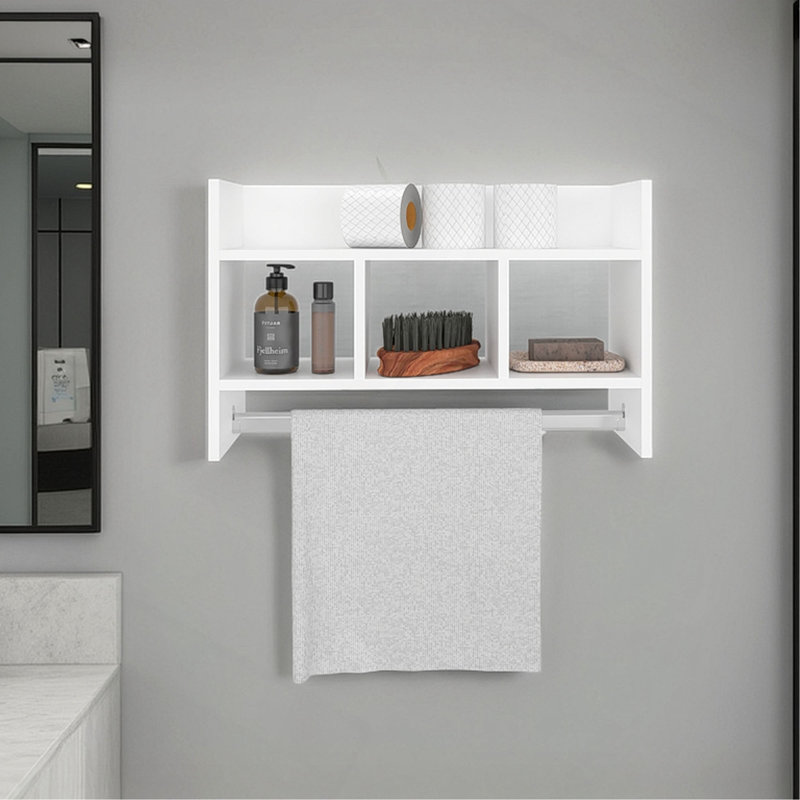 Tablette de bain avec barre à serviettes, tablette ouverte et espace de rangement