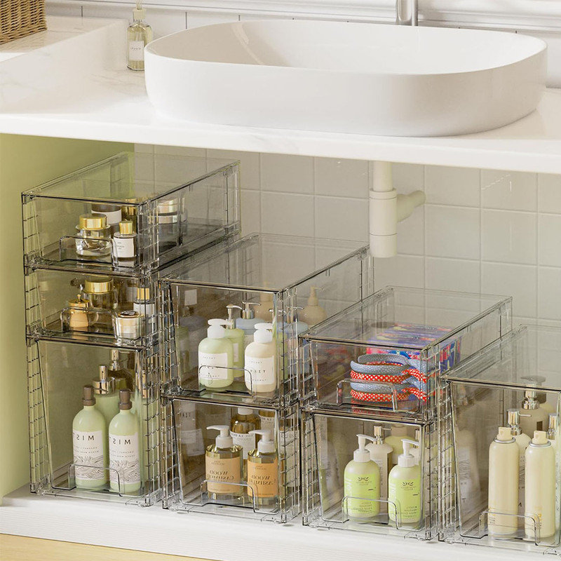 3 Pack Clear Stackable Storage Drawers, Storage with handles, Plastic storage drawers for Kitchen Pantry, Under Sink Organization, Acrylic