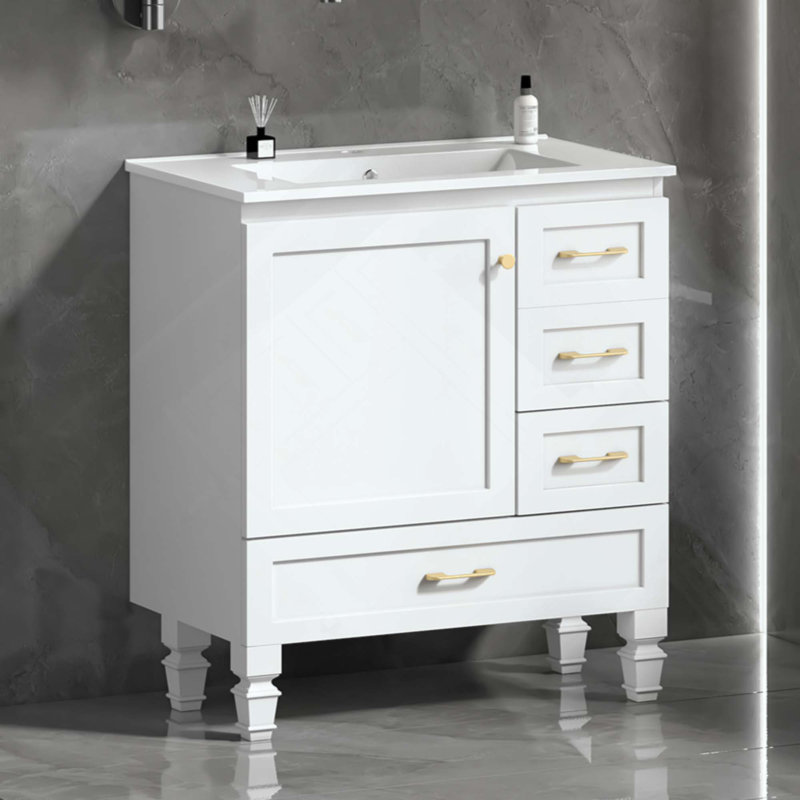 Meuble-lavabo de salle de bain, armoire de rangement abondante - 1 porte à fermeture douce et 3 tiroirs, Blanc