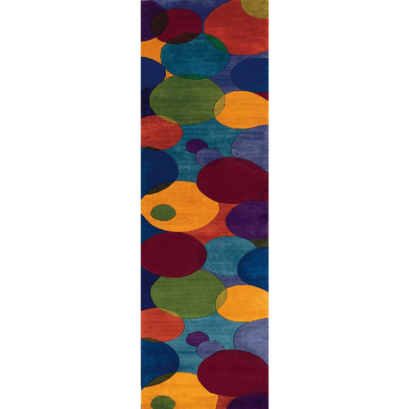 Tapis bleu / rouge / vert / jaune en laine touffeté à la main Beucher, Tapis de couloir 2 pi 6 po x 8 pi