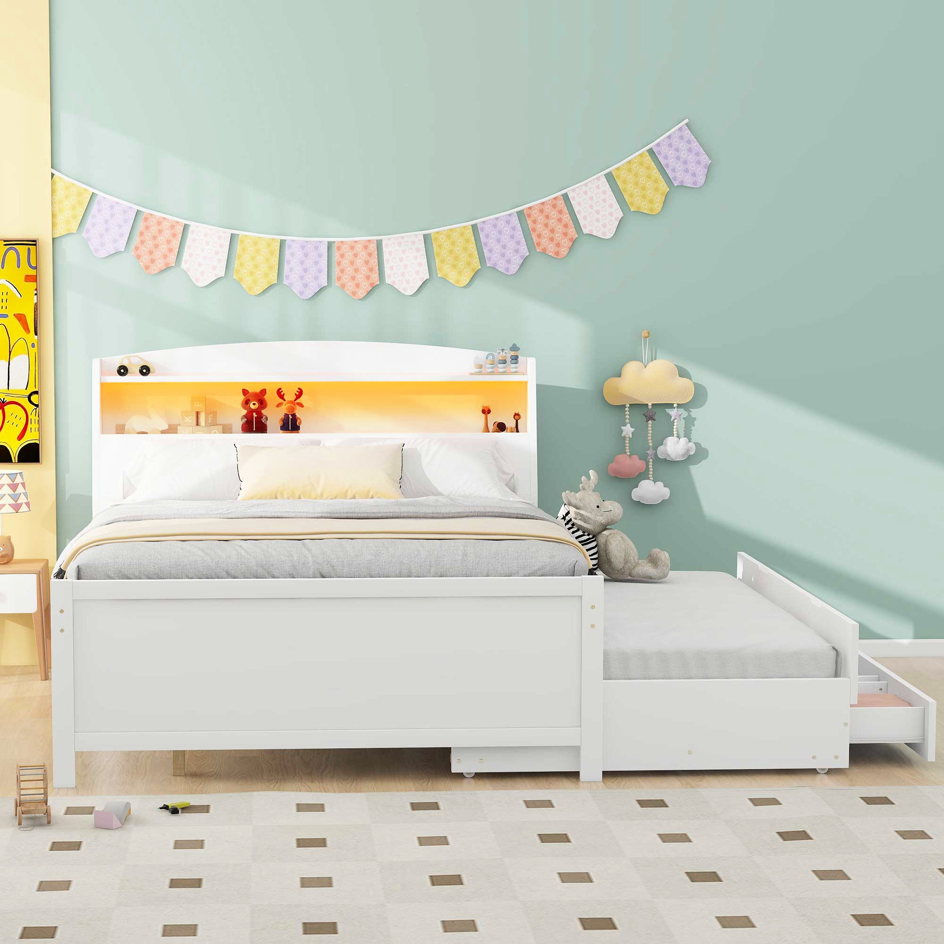 Latitude Run® White Twin Size Bed With Storage, Led Headboard, 3 ...