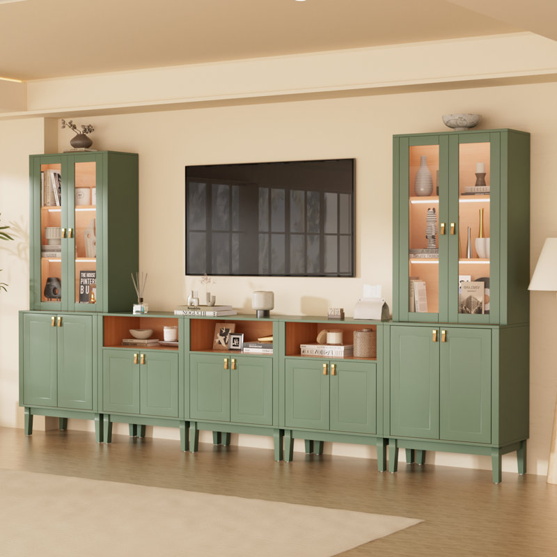 118" W Sage Green Modular Entertainment Center & Display Cabinet with LED Lights, Glass Doors, Brass-Colored Hardware & Genuine Leather Pulls, Fits TVs Up to 75"