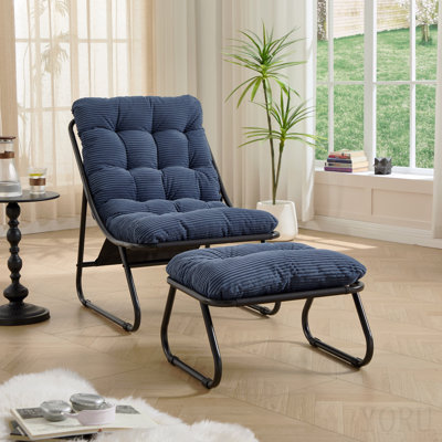 Méridienne d'extérieur pour patio avec repose-pieds, fauteuil inclinable confortable avec coussin gonflable et repose-pieds, idéale pour le salon, la chambre à coucher, la salle de lecture, structure noire avec coussin bleu marine