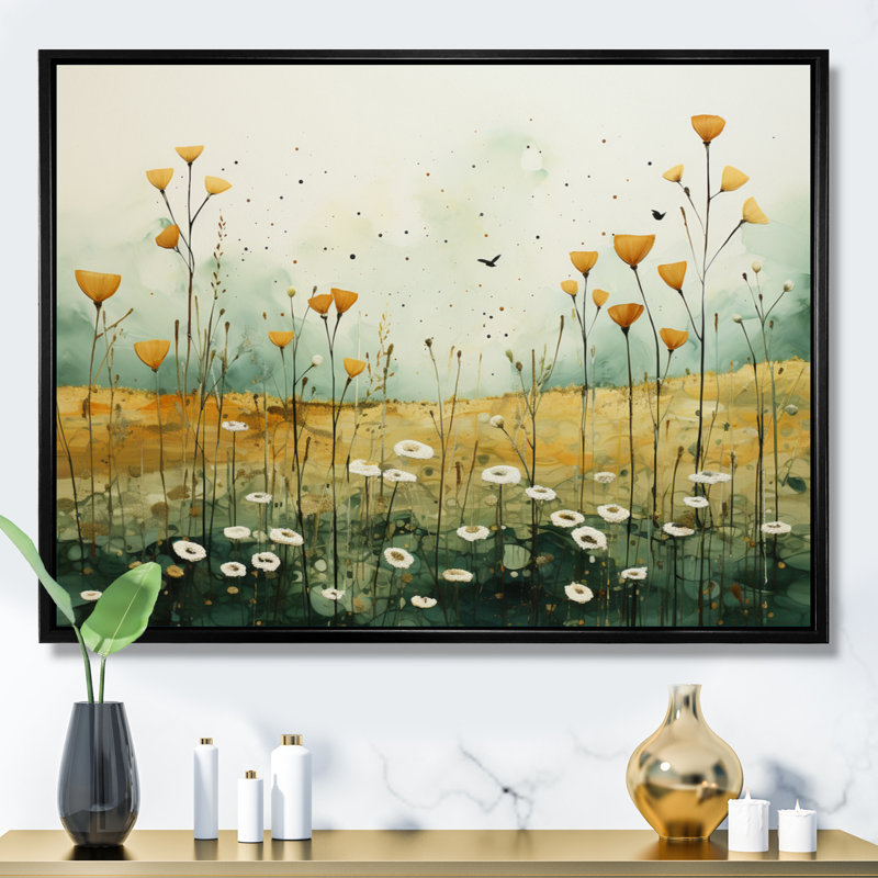 «Whispering Meadows I», art mural abstrait sur toile, Cadre flottant noir, H 12 po x l 20 po x P 1 po