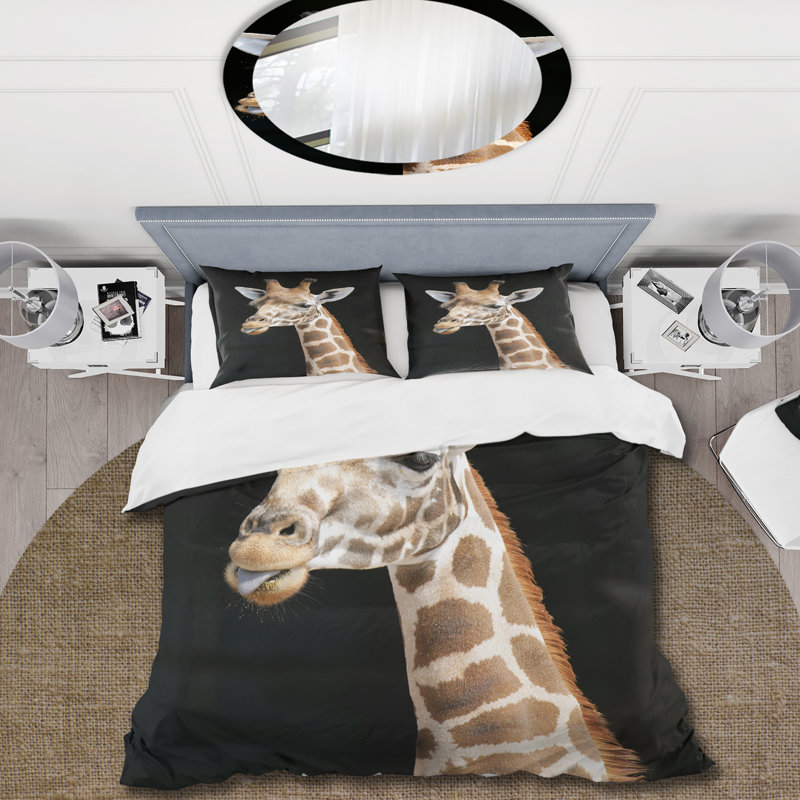 Gros plan Portrait d'une girafe III - Ensemble de housse de couette Farmhouse - Microfibre de polyester