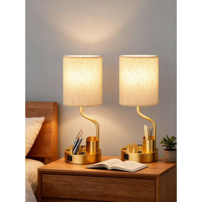 Ensemble de 2 lampes de chevet avec prise CA et ports de charge USB, lampe de chevet à intensité variable à 3 voies avec support pour téléphone et porte-stylo pour bureau, dortoir, salon