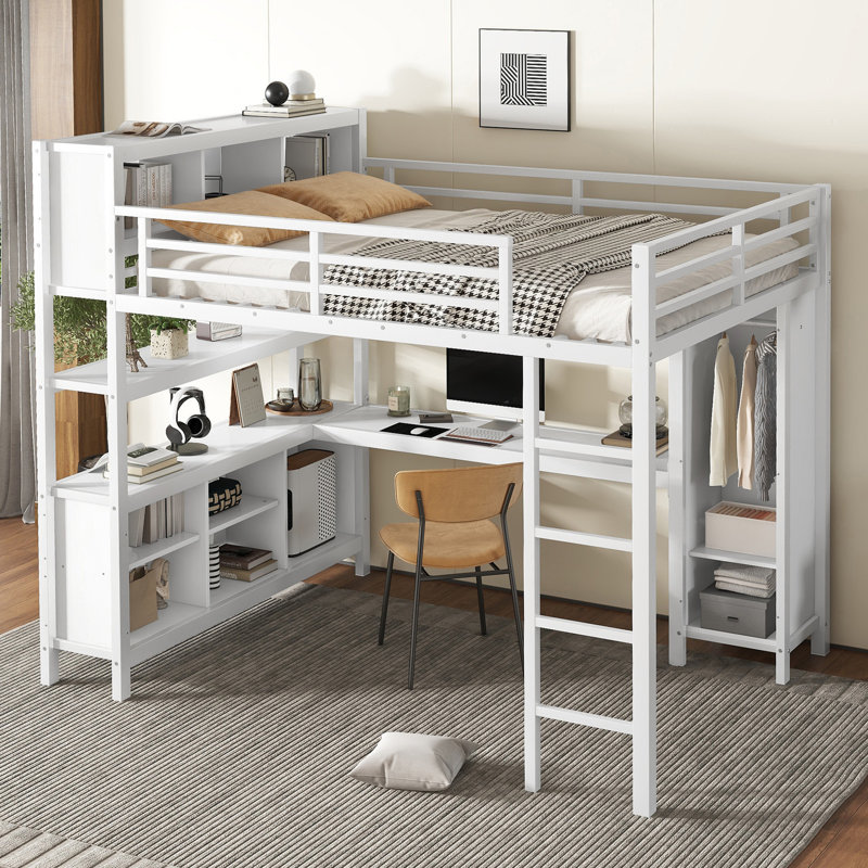 Metal Queen Size Loft Bed with Wardrobe And L-shaped Desk, Off White