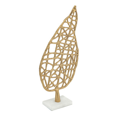 Leaf Tabletop Decor Sculpture, 16 Inch Gold Metal On White Marble Base