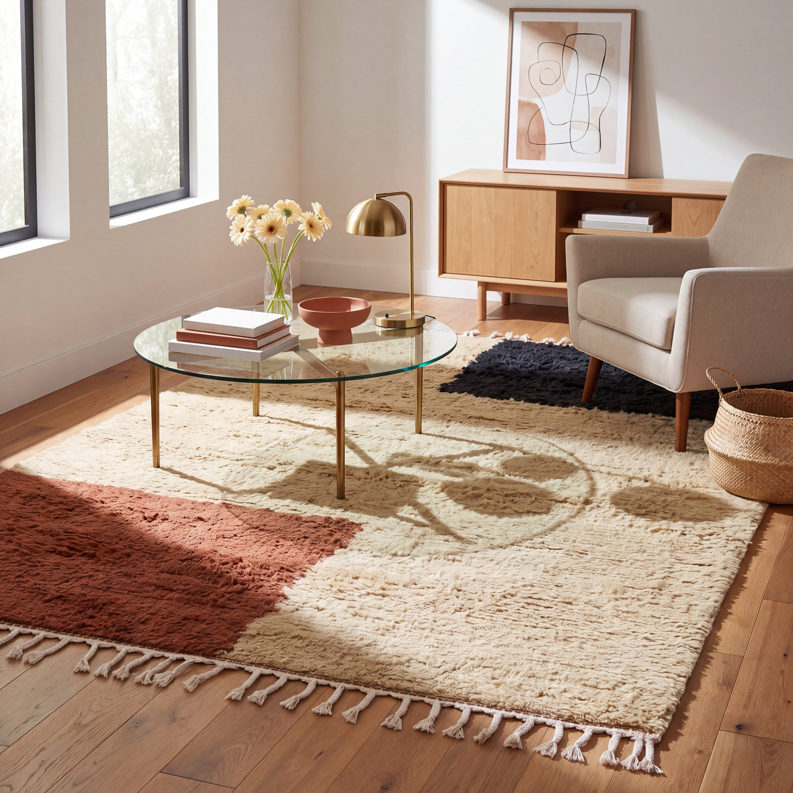 Essi Beige Navy Hand-Woven Geometric Wool Shag Rug, Rectangle 5' x 8'