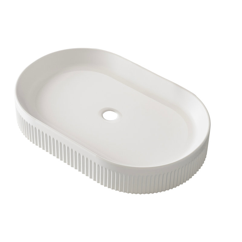 Meuble-lavabo en céramique blanc de 22,8 po, lavabo vasque ovale à rayures verticales, bonde centrale et bonde escamotable, évite les éclaboussures de comptoir, évier contemporain, conception rayée, plan d'installation