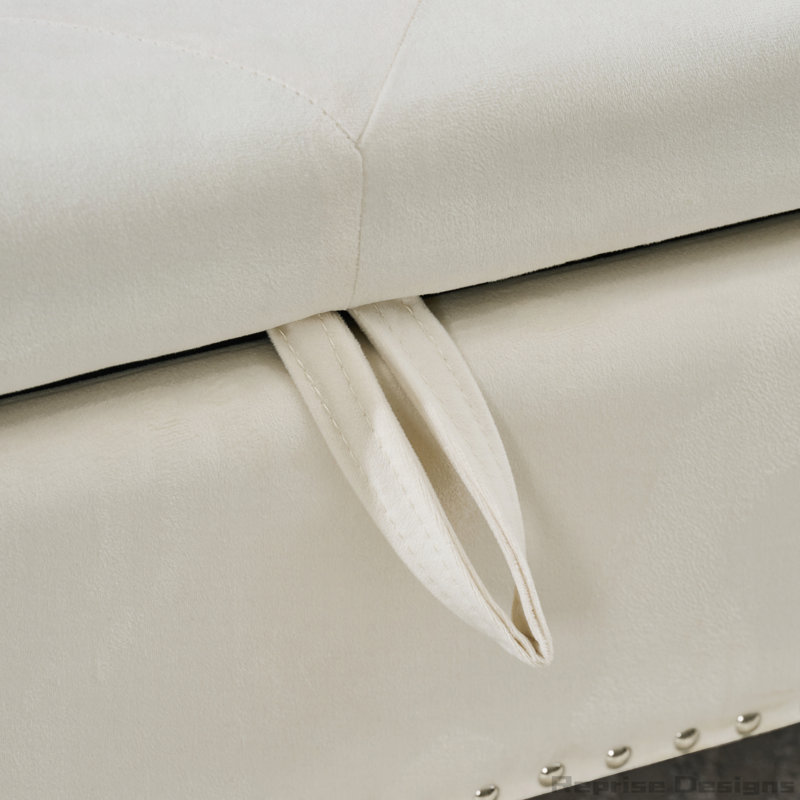 62-Inch Velvet Storage Bench with Crystal Buttons and Safety Hinge, Beige