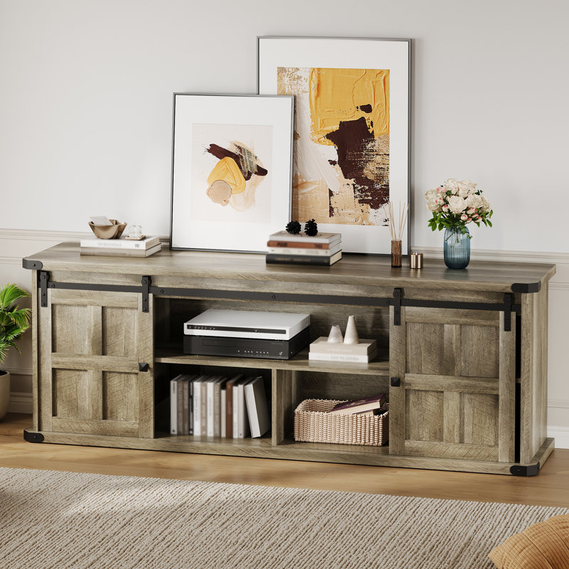 70" Farmhouse TV Stand for TVs up to 75", Sliding Barn Door Media Console with Storage Cabinets & Built-in Power Outlets for Living Room or Bedroom