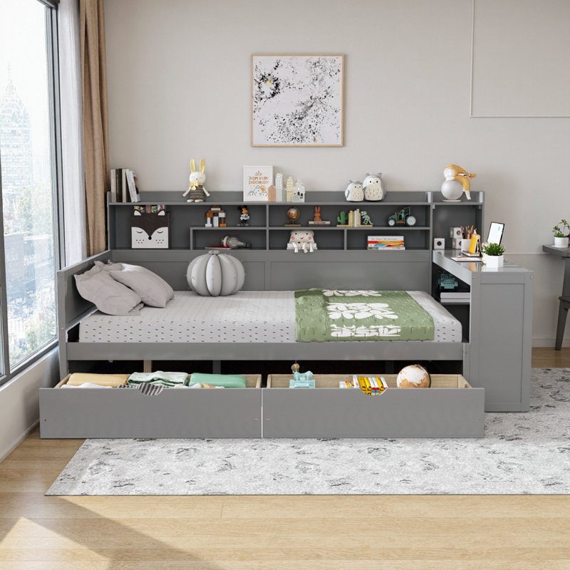 Lit de jour gris avec bureau et rangement | Tablettes intégrées, 2 tiroirs | Lit multifonctionnel peu encombrant, Gris