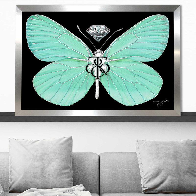 Papillon Tiffany (horizontal) - impression, Encadrement argenté, H 27,5 po x l 39,5 po x P 0,75 po