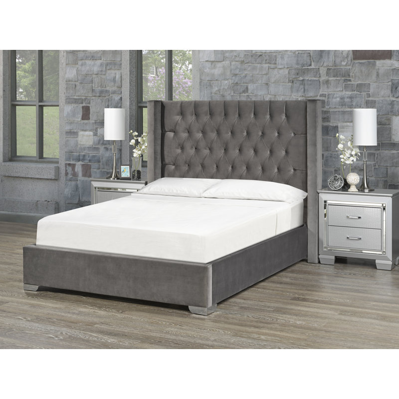 Lit plateforme tapissier Kona, Gris, Très grand
