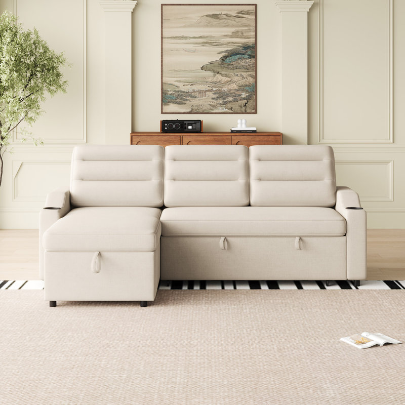 Convertible Sleeper Combo Sofa, Convertible Sofa Bed Polyester Pullout Bed With Storage Recliner And Cup Holder For Living Room, Tight Spaces