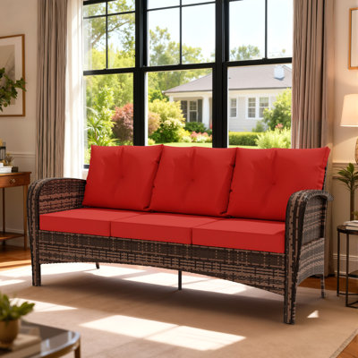 Canapé d'extérieur 73 pouces en rotin et osier 3 places avec cadre - Siège profond, coussins amovibles en oléfine imperméables - Élégant, durable et ultra-confortable pour le jardin, la piscine et le porche