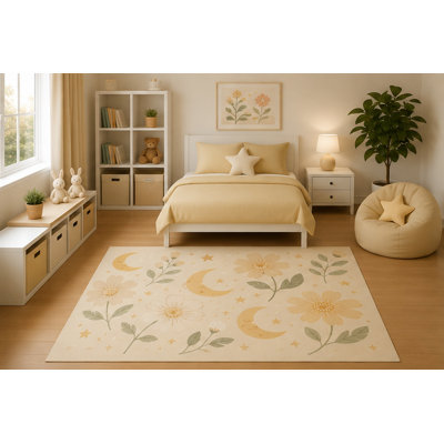 Tapis ultra-léger 152 x 213 cm pour chambre d'enfant, style bohème floral avec motif lune, beige, fleurs sauvages, décoration botanique pour chambre de bébé ou de fille, envers antidérapant en silicone, poils courts