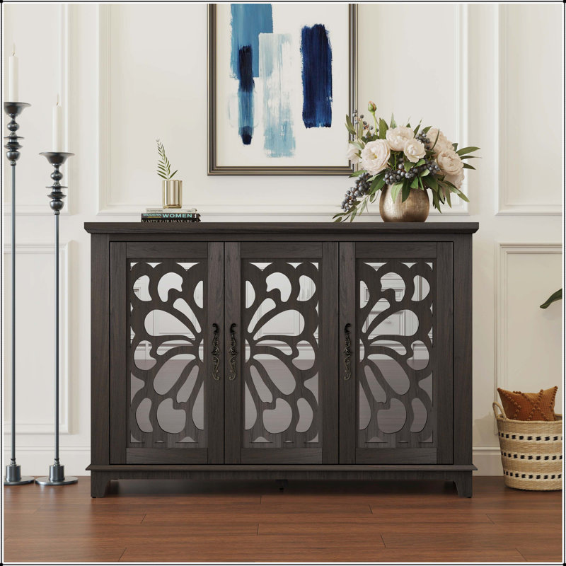 Buffet 3 portes avec portes en miroir et tablettes réglables, Dark Brown