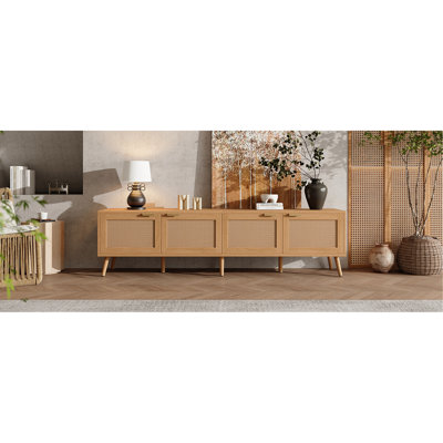Meuble télé de 70 pouces avec portes pour téléviseurs de 80 pouces, grand espace de rangement pour téléviseurs et passe-câbles, style moderne pour salon, pieds robustes et gestion multimédia.