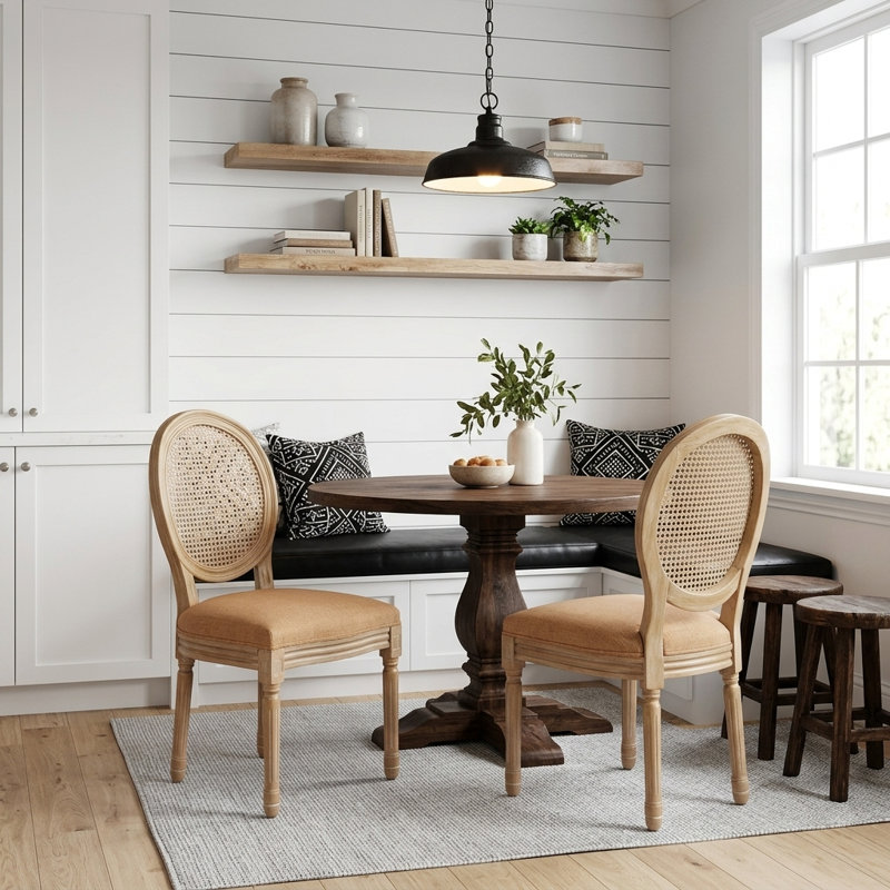 Chaises de salle à manger de style campagnard français, dossier en rotin, pieds en bois massif et coussin à ressorts en S, ensemble de 2