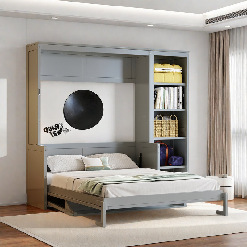 Lit escamotable avec bureau et tablettes Murphy, Gris, Lit double