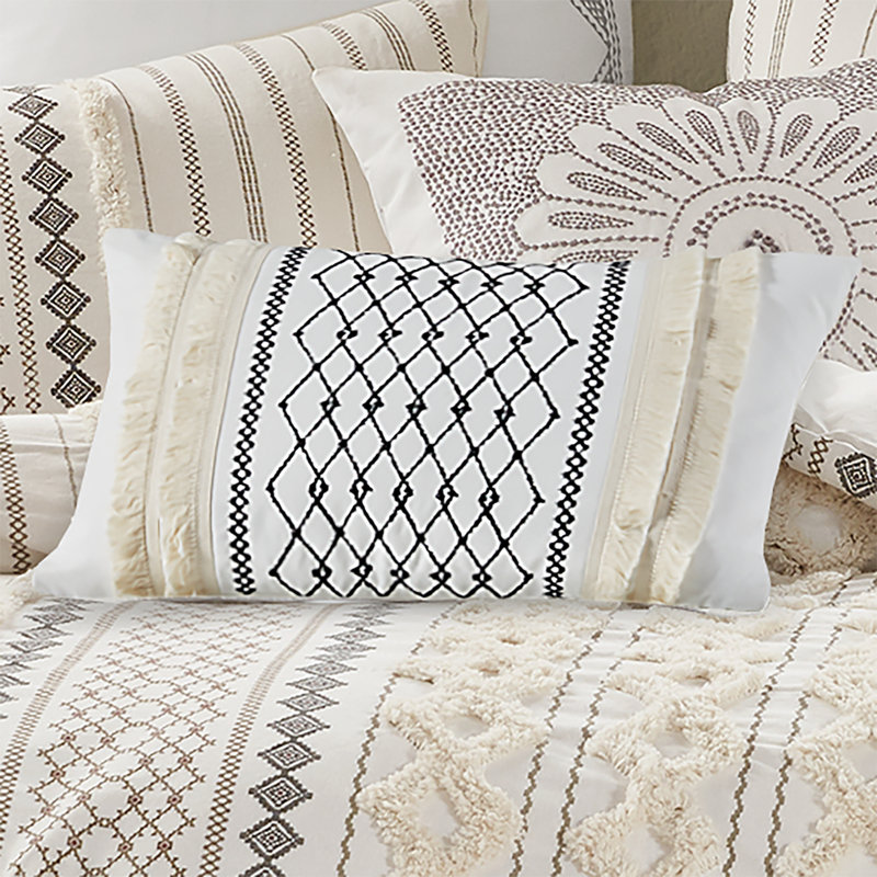 Bea Embroidered Cotton Oblong Pillow with Tassels, Ivory/Black