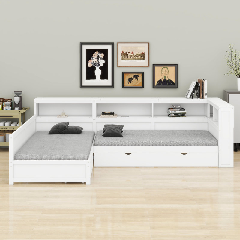 Lit plateforme en bois en L avec lit gigogne et tiroir, Blanc