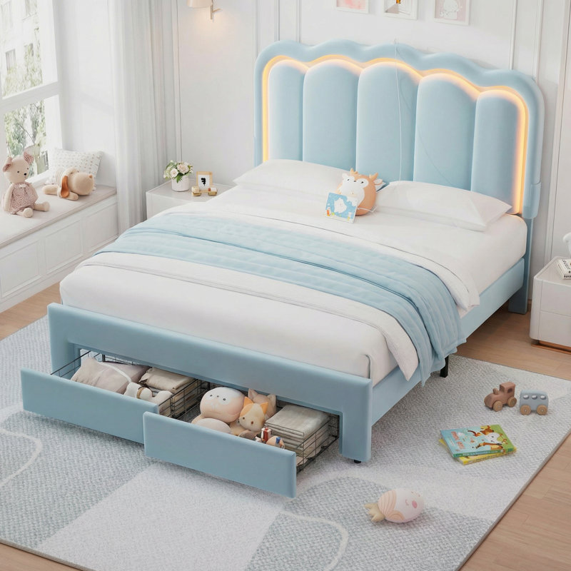 Daphne Upholstered LED Bed Frame With Drawer & Adjustable Headboard, Kids Beds, Queen, Blue