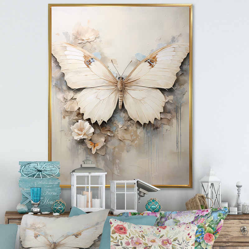 Minimalisme, papillon beige - art mural papillon, Cadre flottant doré, H 20 po x l 12 po x P 1 po