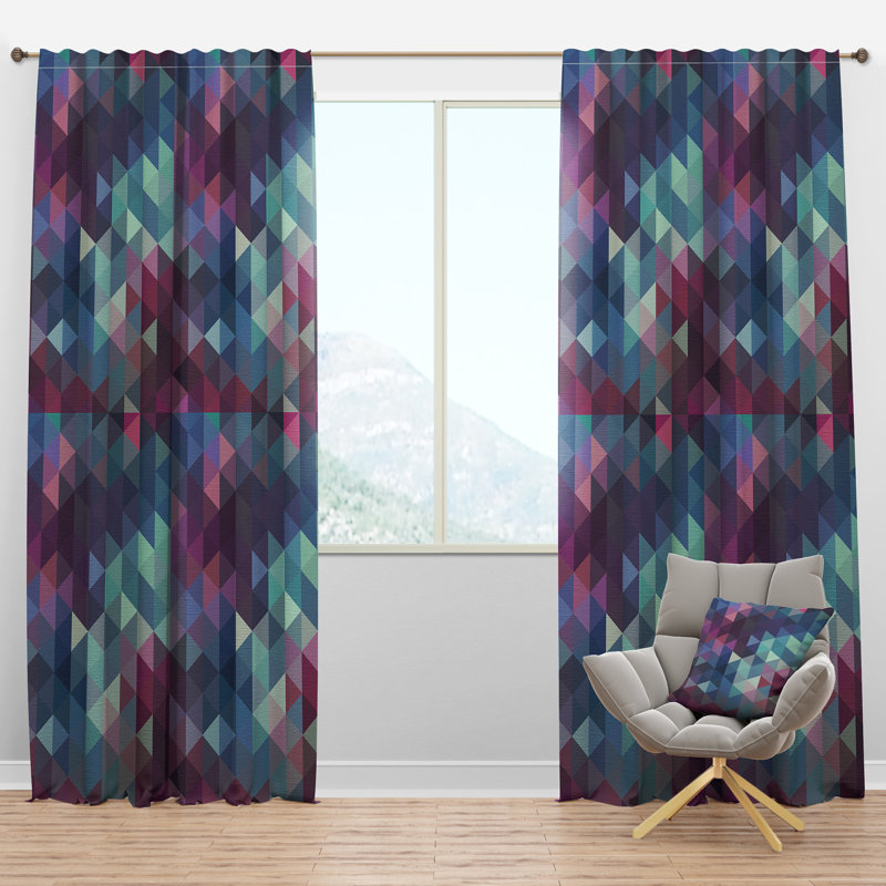 Panneau de rideau simple semi-transparent géométrique triangulaire dans les tons de bleu et de magenta, l 52 po x L 120 po