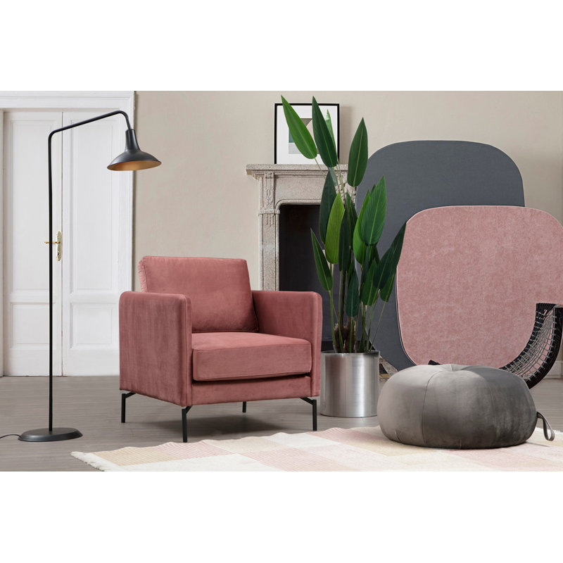 Élégant fauteuil à oreilles en bois de hêtre rose et structure en carton, 31,9 po x 34,3 po x 35,4 po | Tissu 100% polyester, coussin en mousse souple et plumes, coussin de dossier portable, pieds en métal noir mat durable, parfait pour un décor mod