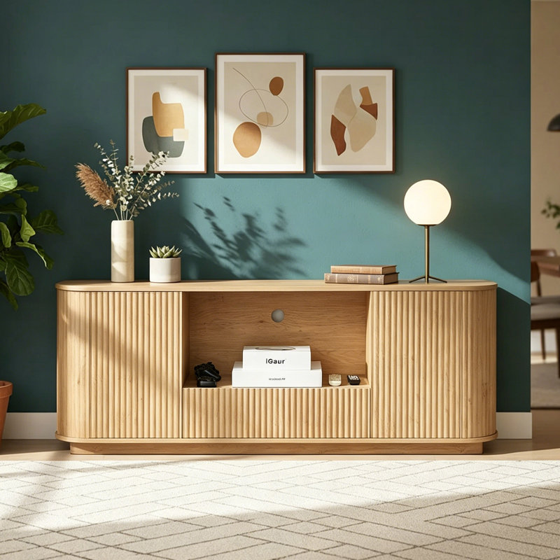 Modern 64"W 2-Door Fluted Wood Sideboard with Cable Management and Adjustable Shelves, Natural